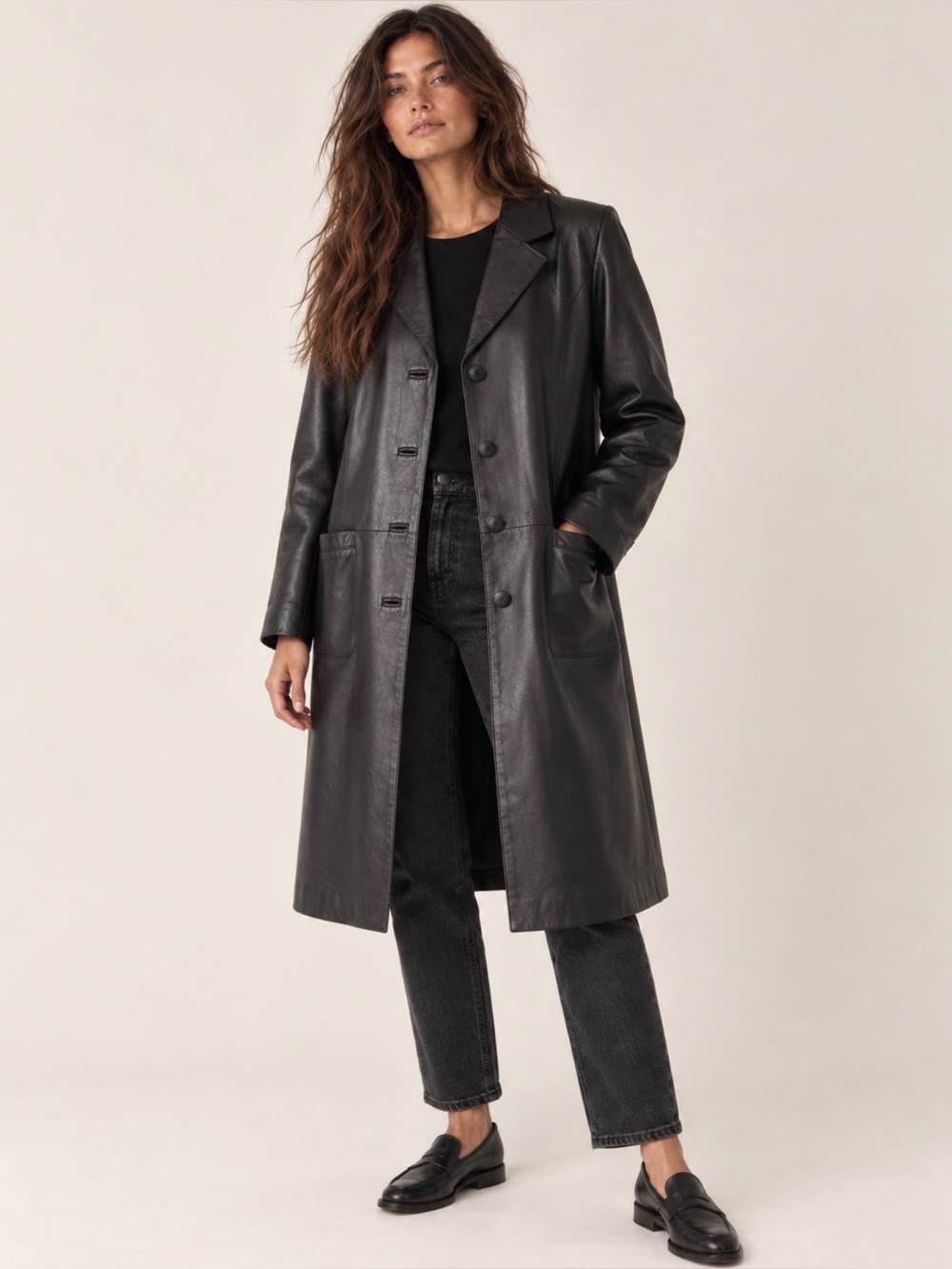 Danier Black Genuine Leather Long Coat Vintage Minimalist Blazer 12-14 Large